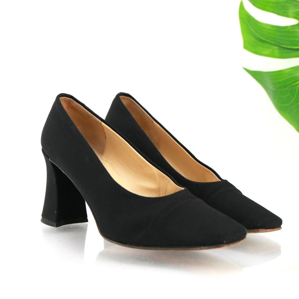 VTG Via Spiga Womens Pump Size 8 Black Satin Block Heel Squared Dress Shoe Italy